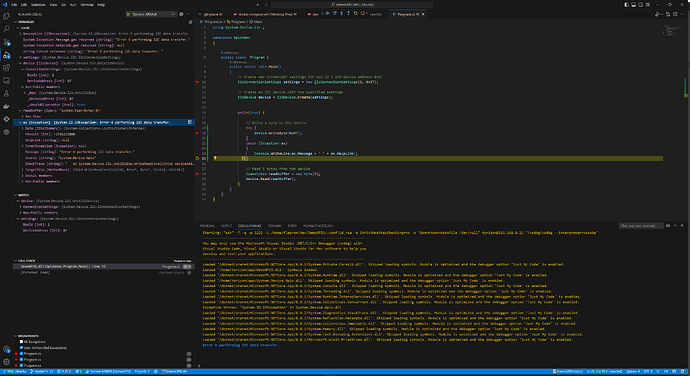 I2C Exception when device.WriteByte